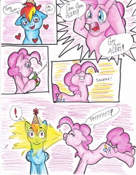 Size: 2552x3296 | Tagged: safe, artist:tristanjsolarez, applejack, pinkie pie, rainbow dash, earth pony, pegasus, pony, comic:trans ponies, g4, comic, female, half r63 shipping, juice, juice box, male, mare, pink background, rainbow blitz, rule 63, ship:appleblitz, ship:appledash, shipping, simple background, spit take, stallion, straight, trans male, trans stallion rainbow dash, transgender