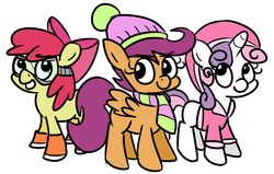 Size: 1844x1170 | Tagged: safe, artist:heretichesh, apple bloom, scootaloo, sweetie belle, g4, boots, clothes, cutie mark crusaders, goggles, hat, scarf, trio, winter outfit