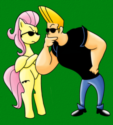 Size: 1676x1854 | Tagged: safe, artist:arcanedude34, fluttershy, human, g4, crossover, johnny bravo, sunglasses