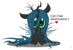 Size: 2602x1807 | Tagged: safe, artist:v-d-k, queen chrysalis, changeling, changeling queen, nymph, g4, adventure in the comments, cute, cutealis, female, hnnng, mind control, simple background, solo, transparent background