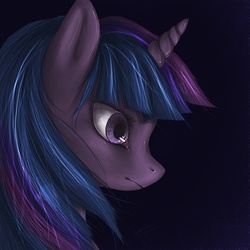 Size: 800x800 | Tagged: safe, artist:lovelyartdump, twilight sparkle, g4, bust, dark background, detailed, portrait, solo