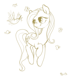 Size: 1272x1429 | Tagged: safe, artist:purmu, fluttershy, butterfly, hummingbird, pony, g4, monochrome, sketch, wingless