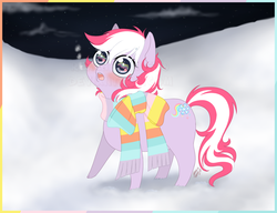 Size: 1024x788 | Tagged: safe, artist:reachfarhigh, baby northern lights, earth pony, pony, g3, 2012, :o, border, breath, clothes, cold, female, filly, foal, looking at the sky, night, open mouth, scarf, snow, solo, striped scarf, watermark