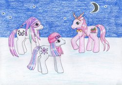 Size: 1024x715 | Tagged: safe, artist:normaleeinsane, chilly breezes, velvet bow, winter wish, earth pony, pony, g3, 2012, antler headband, clothes, collar, crescent moon, female, goggles, hat, headband, jingle bells, mare, moon, night, raised hoof, scarf, ski goggles, snow, standing, stars, traditional art, trio, trio female