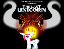 Size: 1200x929 | Tagged: safe, artist:daisyhead, oc, oc only, oc:flicker, classical unicorn, ponibooru film night, horn, leonine tail, the last unicorn, the red bull