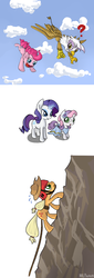 Size: 1024x3000 | Tagged: safe, artist:mlpanon, applejack, gilda, pinkie pie, rarity, sweetie belle, griffon, g4, dressup, falling, flying, mountaineering, sketch dump