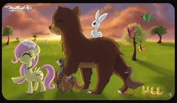 Size: 1463x849 | Tagged: safe, artist:walliscolours, angel bunny, fluttershy, bear, bee, butterfly, duck, ferret, hummingbird, squirrel, g4, butterfly hummingbird, cute, duckling, eyes closed, filly, flower, flower in hair, necklace, open mouth, raised hoof, shyabetes, smiling, walking, younger