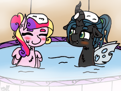 Size: 800x600 | Tagged: safe, artist:ponypocky317, princess cadance, queen chrysalis, alicorn, changeling, changeling queen, pony, g4, alternate hairstyle, bathing, blushing, fangs, female, spa, towel, towel on head