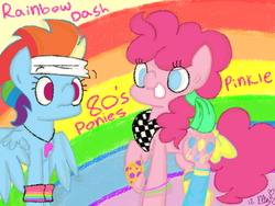 Size: 800x600 | Tagged: safe, artist:ponypocky317, pinkie pie, rainbow dash, g4, 80s, clothes, fashion, leg warmers, neckerchief, raised hoof