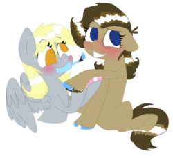 Size: 549x503 | Tagged: safe, artist:artflicker, derpy hooves, doctor whooves, time turner, earth pony, pegasus, pony, g4, blushing, female, half r63 shipping, hoof polish, lesbian, mare, mouth hold, nail polish, professor whooves, rule 63, ship:derptoress, ship:doctorderpy, shipping, simple background, smiling, the doctoress, transparent background