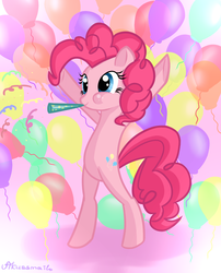 Size: 2000x2471 | Tagged: safe, artist:vikussmail, pinkie pie, g4, balloon, party horn