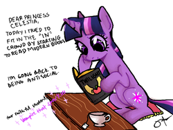 Size: 800x600 | Tagged: dead source, safe, artist:gikima, twilight sparkle, pony, unicorn, g4, book, cup, food, reading, solo, tea, teacup, twilight (series)