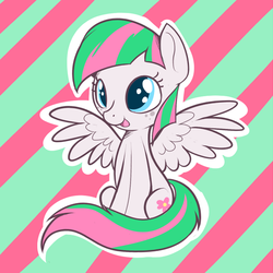 Size: 700x700 | Tagged: safe, artist:thecraftpony, blossomforth, pony, g4, adoraforth, chibi, cute, female, freckles, open mouth, outline, sitting, smiling, solo, spread wings, striped background, white outline