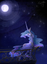 Size: 600x806 | Tagged: safe, artist:namiwami, princess celestia, pony, g4, female, moon, night, sad, solo, stars