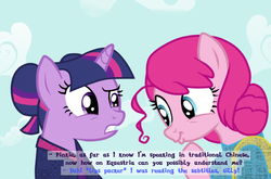 Size: 855x564 | Tagged: dead source, safe, artist:gikima, pinkie pie, twilight sparkle, pony, g4, alternate hairstyle, chinese, clothes, dialogue, duo, fake screencap, filipino, fourth wall, subtitles