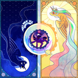 Size: 1050x1050 | Tagged: safe, artist:sayuri1314, princess celestia, princess luna, twilight sparkle, alicorn, pony, unicorn, g4, magic, planet, stained glass