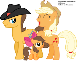 Size: 900x714 | Tagged: safe, artist:dlazerous, applejack, caramel, oc, oc:toffee, earth pony, pony, g4, ^^, eyes closed, fanfic, female, filly, foal, hair bow, male, mare, offspring, parent:applejack, parent:caramel, parents:carajack, ship:carajack, shipping, simple background, stallion, straight, transparent background, vector