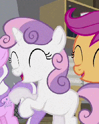 Size: 449x562 | Tagged: safe, screencap, diamond tiara, scootaloo, sweetie belle, earth pony, pegasus, pony, unicorn, g4, ponyville confidential, ^^, animated, blank flank, cropped, cute, diasweetes, eyes closed, female, filly, foal, hoofy-kicks, laughing, open mouth, rearing