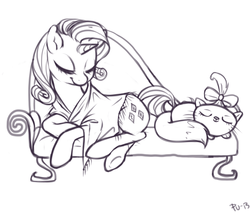 Size: 1280x1093 | Tagged: safe, artist:purmu, opalescence, rarity, g4, clothes, couch, fainting couch, lineart, shawl, sleeping