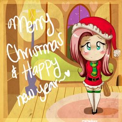 Size: 894x894 | Tagged: safe, artist:cosmicponye, fluttershy, human, g4, christmas, clothes, dress, humanized, solo