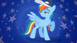 Size: 1280x716 | Tagged: safe, screencap, rainbow dash, pegasus, pony, g4, may the best pet win, abstract background, baseball cap, cap, coach rainbow dash, female, hat, lidded eyes, mare, raised hoof, solo, stars, whistle