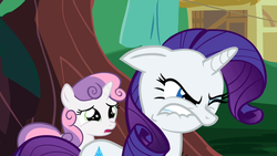 Size: 1280x720 | Tagged: safe, screencap, rarity, sweetie belle, g4, sisterhooves social, angry, female