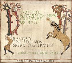 Size: 685x600 | Tagged: safe, lyra heartstrings, human, pony, unicorn, g4, bayeux tapestry, bayeux tapestry meme, forest, medieval, text, tree, ye olde butcherede englishe, ytmnd