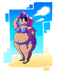 Size: 819x1047 | Tagged: safe, artist:secretgoombaman12345, diamond tiara, human, ask chubby diamond, g4, ask, bbw, beach, belly, belly button, big belly, bikini, clothes, fat, female, humanized, muffin top, solo, sunglasses, swimsuit, tan, tan lines, wide hips