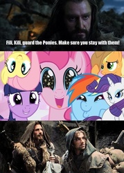 Size: 500x699 | Tagged: safe, applejack, fluttershy, pinkie pie, rainbow dash, rarity, twilight sparkle, g4, crossover, fili, kili, mane six, the hobbit, thorin oakenshield