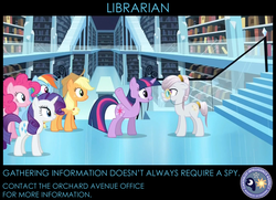 Size: 872x630 | Tagged: safe, edit, edited screencap, screencap, amethyst maresbury, applejack, pinkie pie, princess celestia, princess luna, rainbow dash, rarity, twilight sparkle, crystal pony, earth pony, pony, unicorn, g4, the crystal empire, canterlot intelligence agency, cia, cutie mark, female, librarian, library, mare, poster, unicorn twilight