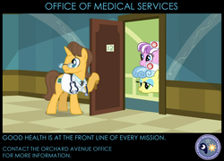 Size: 874x630 | Tagged: safe, edit, edited screencap, screencap, doctor horse, doctor stable, nurse coldheart, nurse snowheart, nurse sweetheart, g4, read it and weep, canterlot intelligence agency, cia, doctor, door, glasses, letterboxing, poster