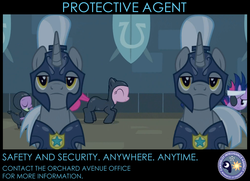 Size: 872x630 | Tagged: safe, edit, edited screencap, screencap, pinkie pie, spike, twilight sparkle, dragon, earth pony, pony, unicorn, g4, it's about time, armor, canterlot intelligence agency, catsuit, cia, eyepatch, female, future twilight, male, mare, night guard, poster, royal guard, sneaking suit, stallion, unicorn royal guard