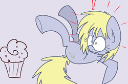 Size: 500x327 | Tagged: safe, artist:extradan, derpy hooves, oc:jerky hooves, g4, emanata, exclamation point, food, gray background, muffin, side view, simple background, solo, upside down, wide eyes, wingless