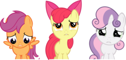 Size: 10000x4749 | Tagged: safe, artist:foxy-noxy, apple bloom, scootaloo, sweetie belle, earth pony, pony, unicorn, g4, one bad apple, absurd resolution, babs seed song, cutie mark crusaders, female, looking at you, looking down, open mouth, sad, simple background, teeth, transparent background, trio, trio female, vector