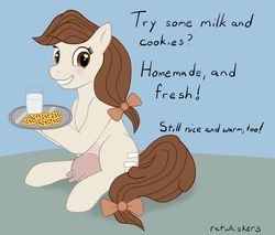 Size: 1175x1000 | Tagged: safe, artist:ratwhiskers, oc, oc only, oc:creamy white, cow, cow pony, pony, blushing, bow, cookie, creamy and friends, female, milk, nudity, solo, tumblr, udder