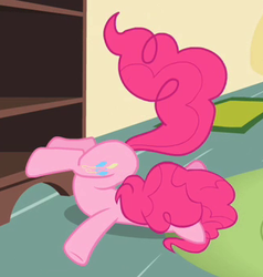 Size: 329x345 | Tagged: safe, screencap, pinkie pie, earth pony, pony, g4, secret of my excess, backbend, faceplant, female, mare, solo