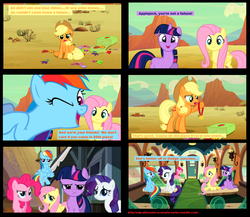 Size: 1484x1288 | Tagged: safe, edit, edited screencap, screencap, applejack, fluttershy, pinkie pie, rainbow dash, rarity, twilight sparkle, earth pony, pegasus, pony, unicorn, g4, the last roundup, alternate scenario, bad end, comic, dialogue, disappointed, disappointment, female, hoof hold, mare, medal, one eye closed, rainbow douche, unicorn twilight, wink