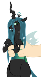 Size: 836x1542 | Tagged: safe, artist:elslowmo, artist:redintravenous, queen chrysalis, human, pony, g4, chubby, cute, cutealis, hand, holding a pony, lidded eyes, open mouth, place your bids, puffy cheeks, simple background, smiling, white background