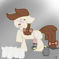 Size: 600x600 | Tagged: safe, artist:suparsprinkles, oc, oc only, oc:creamy white, pony, blushing, bow, creamy and friends, female, lactation, milk, milking, milking machine, nudity, solo, tumblr, udder