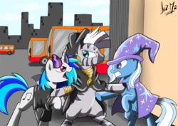 Size: 850x601 | Tagged: safe, artist:chocolatechilla, dj pon-3, trixie, vinyl scratch, zecora, pony, unicorn, zebra, g4