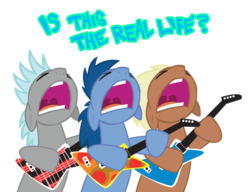 Size: 2209x1698 | Tagged: safe, artist:trotsworth, blues, leeroy wingkins, meadow song, noteworthy, twilight sky, earth pony, pegasus, pony, g4, background pony, band, bohemian rhapsody, guitar, male, musical instrument, open mouth, queen (band), simple background, song in the comments, stallion, transparent background, trio, trio male, volumetric mouth