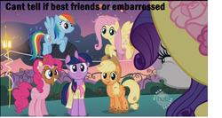 Size: 1368x728 | Tagged: safe, edit, edited screencap, screencap, applejack, fluttershy, pinkie pie, rainbow dash, rarity, twilight sparkle, g4, sweet and elite, birthday dress, blackface, caption, female, futurama, hat, male, philip j. fry