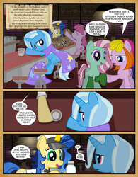 Size: 1000x1280 | Tagged: dead source, safe, artist:dcencia, berry punch, berryshine, minty, toola-roola, trixie, oc, oc:milky way, earth pony, pony, unicorn, g3, g4, cape, clothes, comic, cutie mark, dialogue, earth pony oc, eyelashes, female, hat, horn, mare, show accurate, socks, trixie's cape, trixie's hat