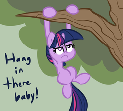 Size: 770x700 | Tagged: safe, artist:tess, twilight sparkle, pony, unicorn, g4, female, filly, filly twilight sparkle, foal, hang in there, hanging, parody, solo, tree, twilight cat, unicorn twilight, younger