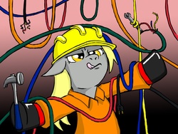 Size: 1600x1200 | Tagged: safe, artist:eternal-equilibrium, derpy hooves, pegasus, pony, g4, clothes, dexterous hooves, engineering, female, hammer, hard hat, hat, helmet, mare, solo, tongue out, wires