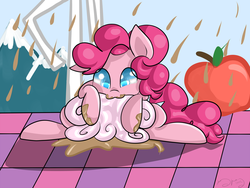 Size: 4000x3000 | Tagged: safe, artist:royalppurpl3, pinkie pie, earth pony, pony, g4, apple, checkered floor, chocolate rain, cotton candy, cute, diapinkes, female, food, nom, solo