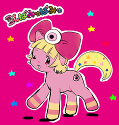 Size: 486x511 | Tagged: safe, artist:uutan, earth pony, pony, bow, female, hair bow, japanese, kyary pamyu pamyu, looking at you, mameshiba, mare, one eye closed, pink background, ponified, simple background, solo, wink