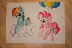 Size: 800x533 | Tagged: safe, pinkie pie, rainbow dash, g4, balloon, cloud, sky