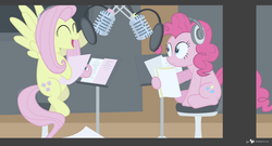 Size: 2040x1100 | Tagged: safe, artist:dm29, fluttershy, pinkie pie, earth pony, pegasus, pony, g4, andrea libman, duo, headphones, microphone, ponk, pop filter, singing, studio, stunned, talking to themself, voice actor joke