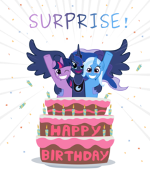 Size: 2800x3200 | Tagged: safe, artist:adcoon, princess luna, trixie, twilight sparkle, g4, cake, candle, confetti, happy birthday, popping out of a cake, show accurate, surprise cake, trio